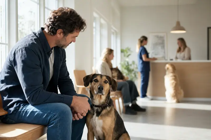 Ein Haldenstoever Hund sitzt ruhig neben seinem Besitzer im hellen Wartezimmer einer modernen Tierarztpraxis.